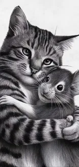 Monochrome cat and mouse illustration hugging.