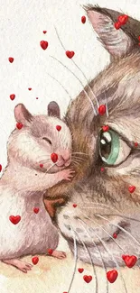 An illustration of a cute cat and mouse in a heartwarming scene.