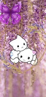 Cute cartoon cats with a purple butterfly amidst wisteria flowers.