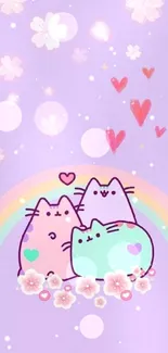 Cute cats with rainbow and flowers on a lavender background.