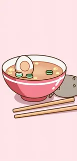 Cute cat with ramen bowl on pink background.