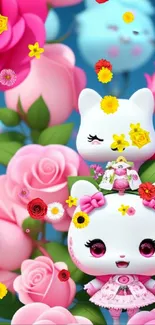 Cute cartoon cats with pink roses on a vibrant mobile wallpaper.