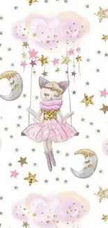 Whimsical cat on swing with stars and pastel pink clouds wallpaper.