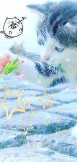 Adorable kitten with stars and floral accents on a light blue background.