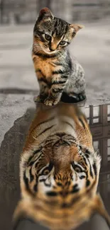 Kitten sitting with tiger reflection in urban water puddle.