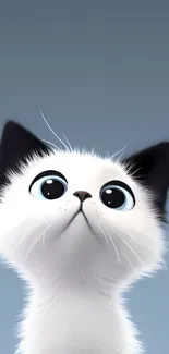 Adorable animated white cat with blue eyes on gray background.