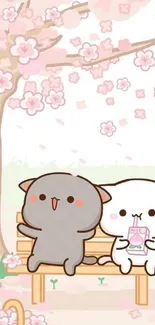 Cute anime cats on a bench with cherry blossoms in pastel colors.