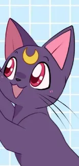 Anime-style cat on a purple grid wallpaper.