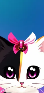 Adorable anime cat with bow on colorful wallpaper background.