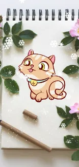 Cute cat drawing on a notebook with pink flowers and green leaves.