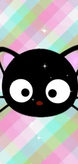 Cute black cat with large eyes on a pastel checkered background.