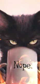 Artistic black cat holding a mug wallpaper.