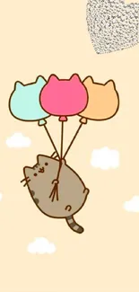 Kawaii cat floating with pastel balloons wallpaper.