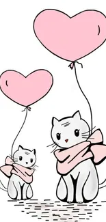 Cute cats with pink heart balloons on a white background.