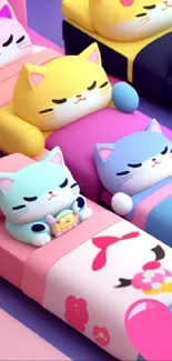 Cute cartoon cats on colorful beds with pastel hues and playful design.