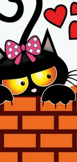 Cute black cat cartoon with bow and hearts peeking over a wall.