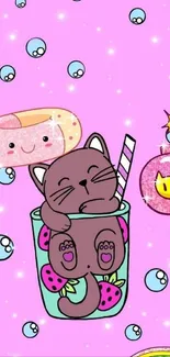 Kawaii cat in boba tea cup with pink background and sparkles.