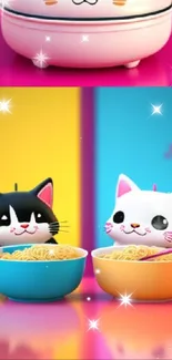 Cute cats with noodle bowls on a vibrant background.