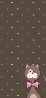 Cartoon cat with hearts on brown wallpaper.