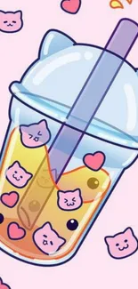 Adorable cartoon cats in bubble tea cup drawing.