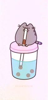 Cute cat on bubble tea mobile phone wallpaper.