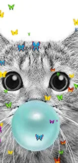 Adorable kitten with bubblegum mobile wallpaper in turquoise.