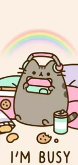 Adorable cartoon cat with rainbow and snacks on peach background.