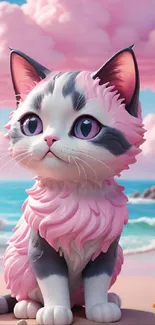 Cute pink fluffy cat sitting on beach with ocean and sailboat in the background.