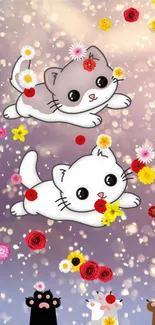 Cute cartoon kittens with colorful flowers on a lavender background.