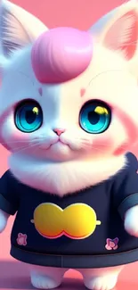 Cute white cartoon cat with blue eyes on a pink background.