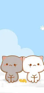 Cute cartoon cats under a blue sky with fluffy clouds wallpaper.