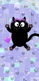 Cute cartoon cat with hearts on pastel wallpaper.