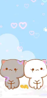 Cute cartoon cats with hearts in a blue sky wallpaper.