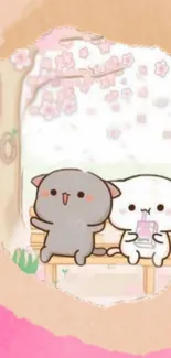 Two cute cartoon cats sitting on a bench with cherry blossoms in the background.