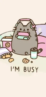 Cute cartoon cat eating snacks wallpaper.