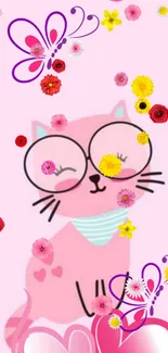 Cute cartoon cat with glasses on pink background with flowers.