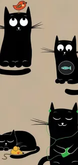 Four cartoon black cats on a beige background.