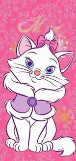 Adorable cartoon cat with pink bows, sitting on purple background.