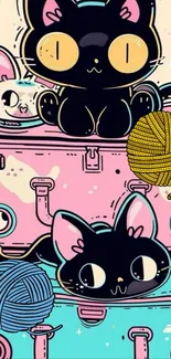 Cute cartoon cats with colorful yarn balls.