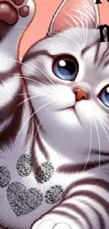 Cartoon cat with big eyes and paw print on peach background.