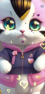 Adorable cartoon cat in pink attire with hearts and stars.