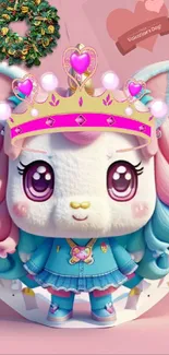 Cute cat character in pastel colors with a crown and festive details.