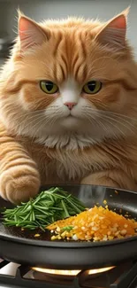 Ginger cat playfully cooks with vegetables.