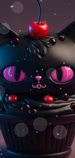 3D black cat cupcake with cherries and pink eyes, a whimsical mobile wallpaper.