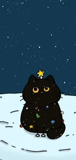 Cute black cat wrapped in Christmas lights on a snowy night.