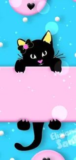 Cute black cat with a bow peeks through pastel blue clouds.