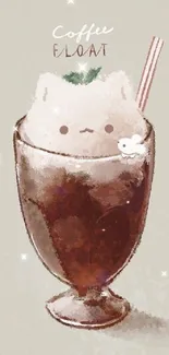 Cute cat floating in a coffee glass illustration for wallpaper.