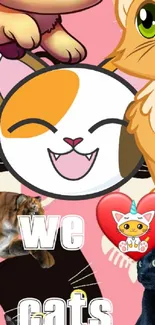 Collage of cute cartoon and real cats on a pink background.