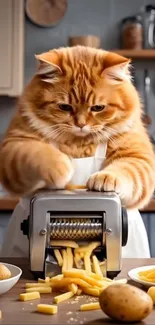 Orange cat wearing apron cooking in kitchen.