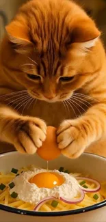 Orange cat cracking an egg over pasta bowl.
